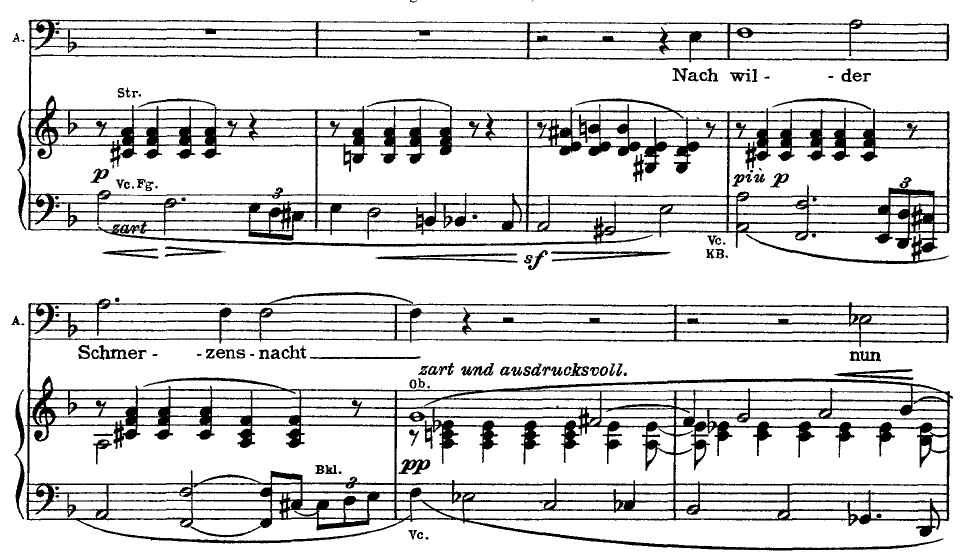 Vocal and piano score showing Amfortas’s Pain motif, with repeated chords and a descending bass line.