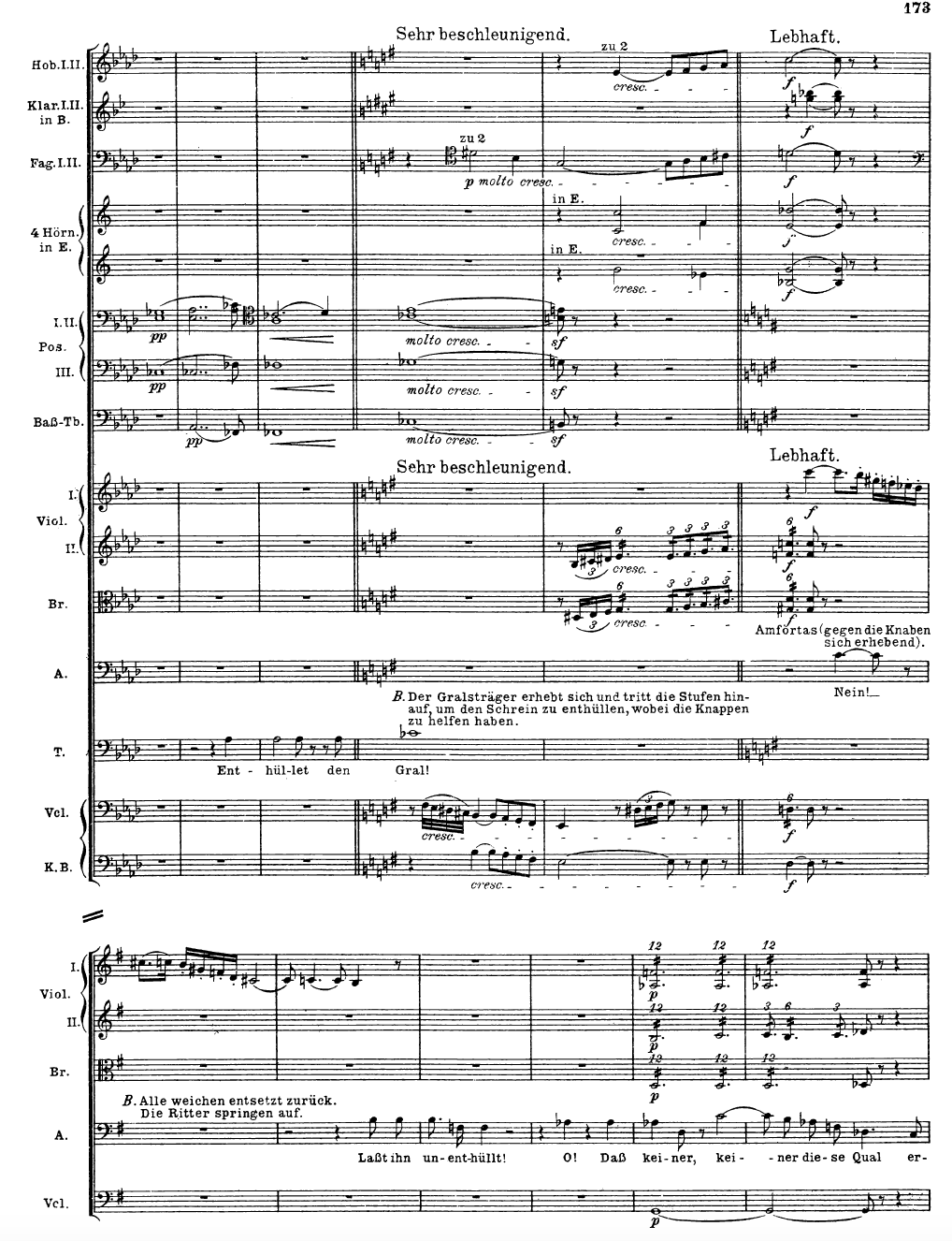 Orchestral score from Act I, with Titurel calling for the Grail to be uncovered and Amfortas crying “Nein!”