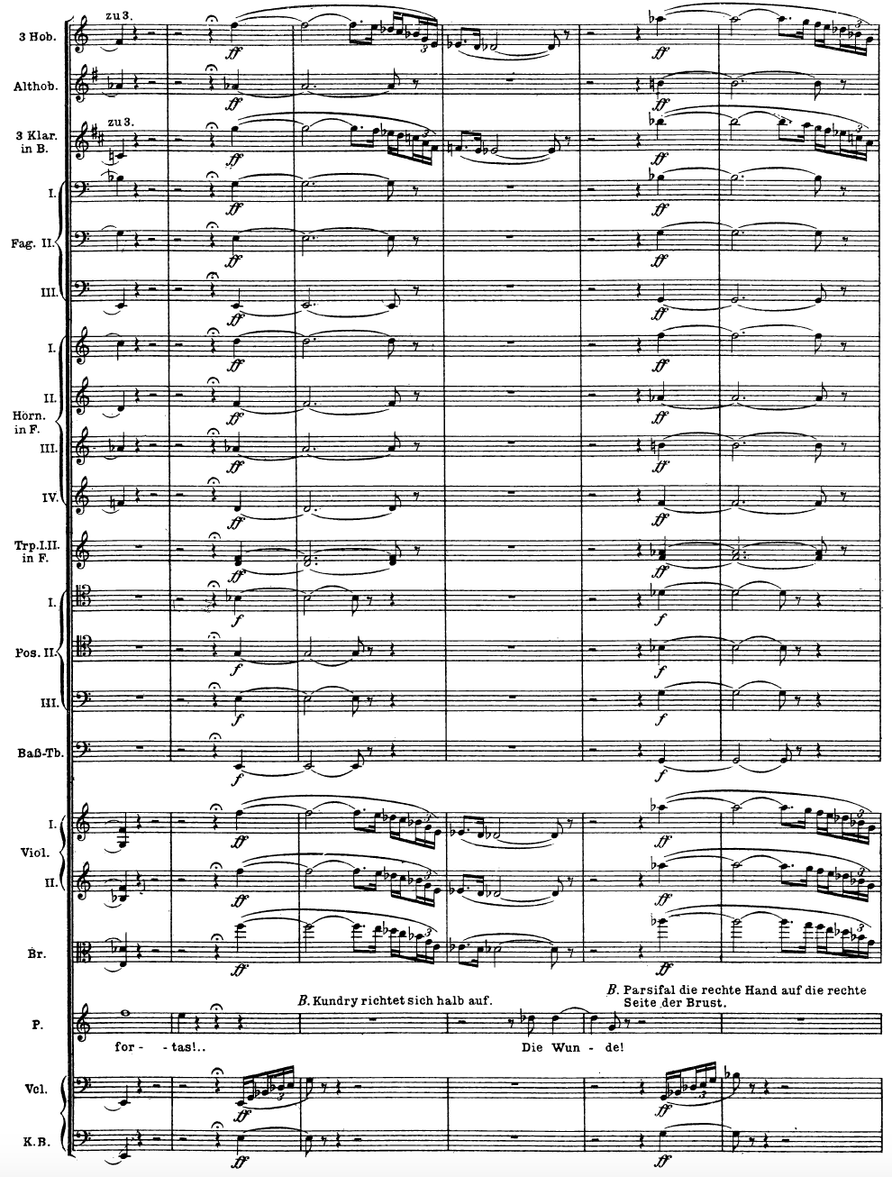 Continuation of the Act II orchestral score: Parsifal cries “Amfortas!” and “Die Wunde!” as the Suffering motif sounds.