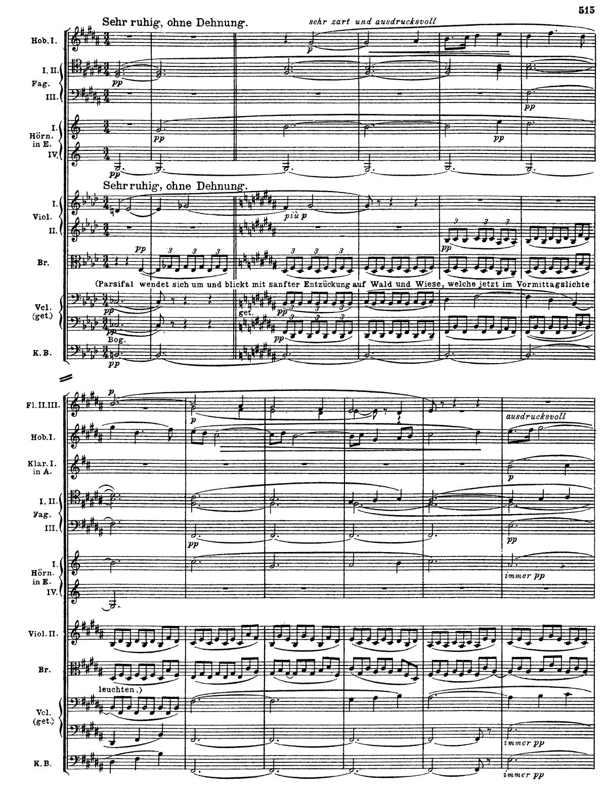 Orchestral score at the opening of the Good Friday Music in Act III, marked “Sehr ruhig, ohne Dehnung.”
