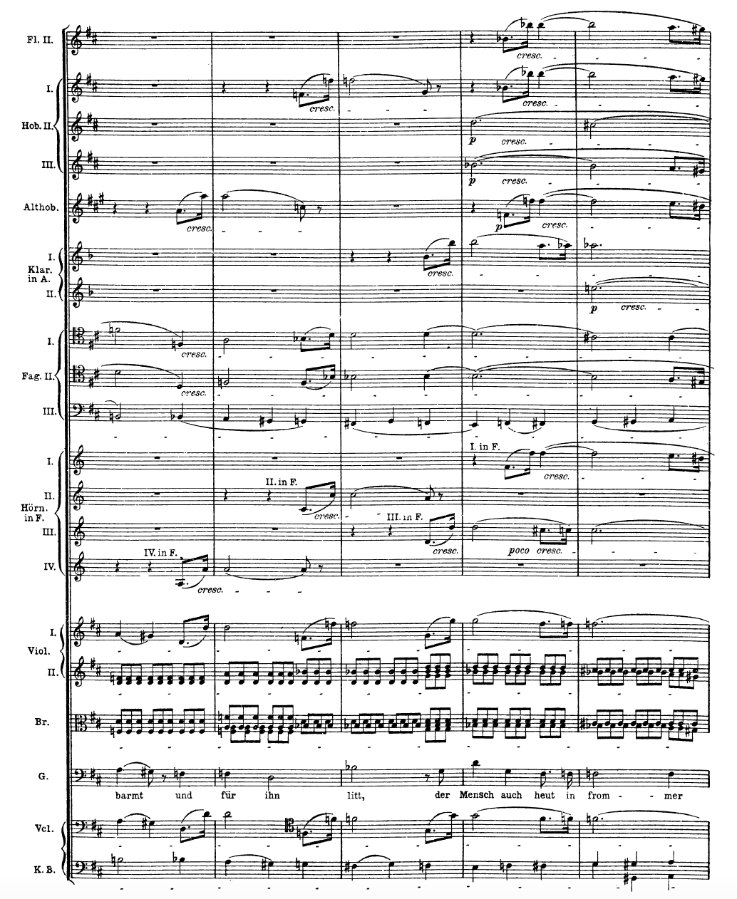 Orchestral score from the Good Friday Music, illustrating the three-note phrase moving through the ensemble.