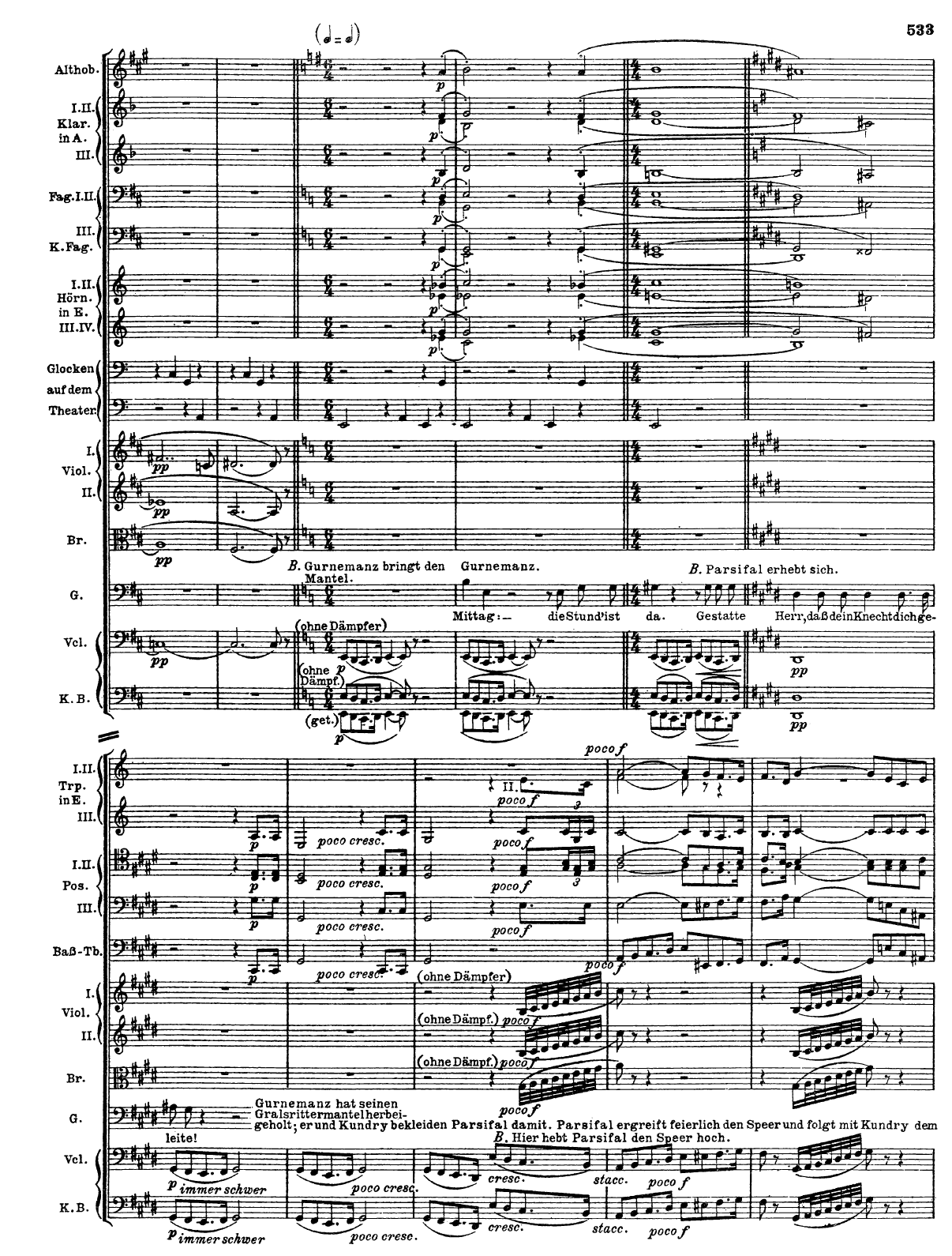 Orchestral score at the start of the Act III Transformation Music, with bells and a recurring figure in the low strings.