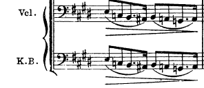 Cello and double-bass staves showing the repeated descending figure in the Transformation Music.