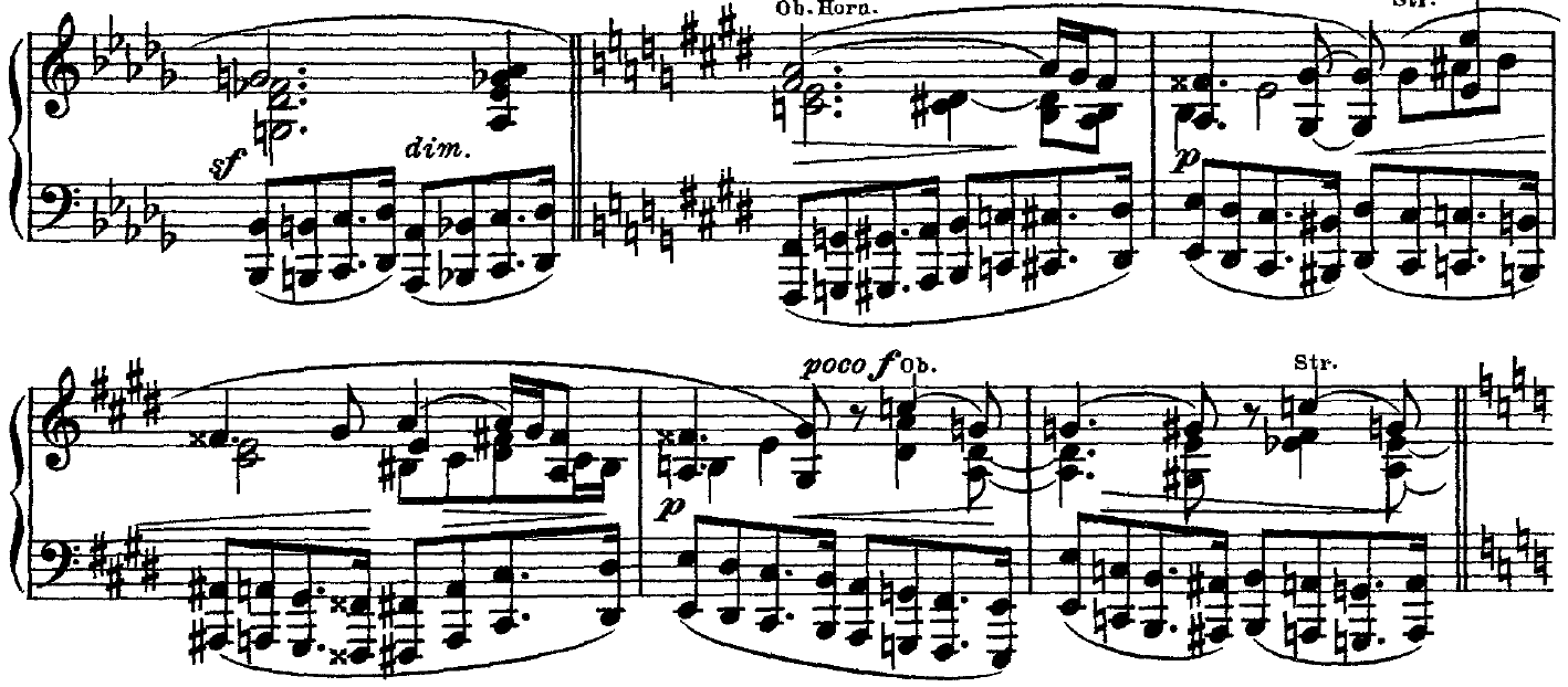 Piano score excerpt of the Transformation Music, with upper chords set against the recurring bass figure.