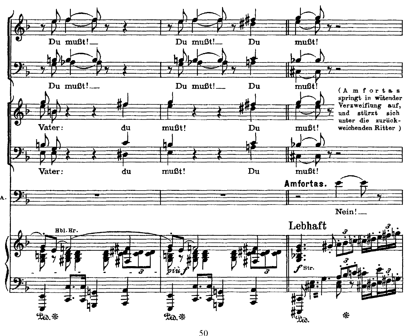 Vocal and piano score of the Grail Knights’ repeated “Du mußt!” and Amfortas’s answer “Nein!”