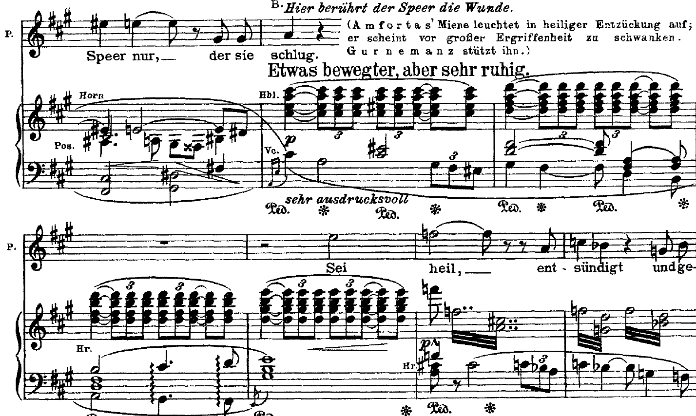Vocal and piano score as Parsifal heals Amfortas’s wound, showing the Pain motif’s repeated chords changing into tremolo.
