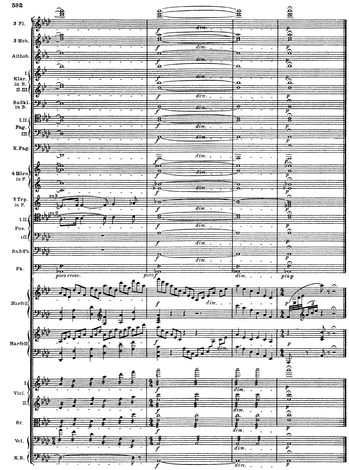 Final orchestral score of Parsifal, with two harp parts and the closing A-flat major chords.